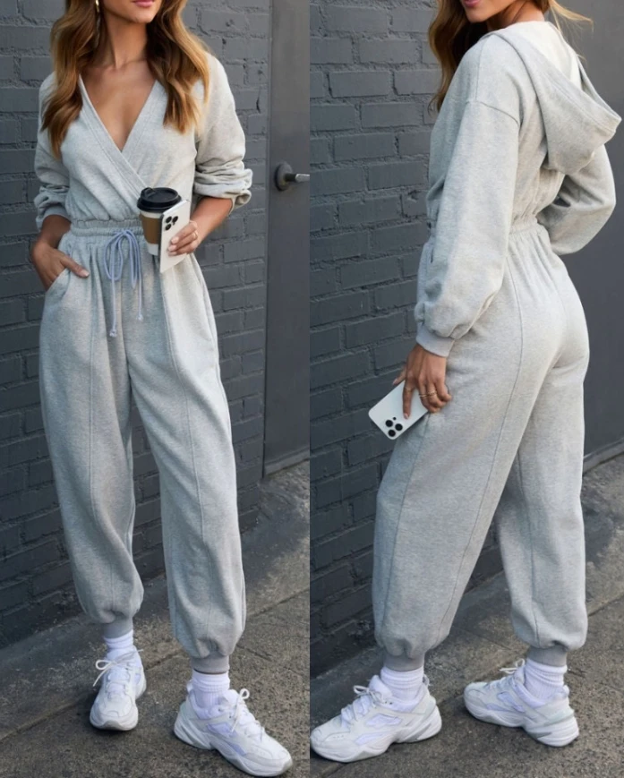 Women's Jumpsuits Fashion Female V-Neck Long Sleeve Drawstring Cinch Waist Basic Criss Cross Jumpsuit Casual Overalls for Women