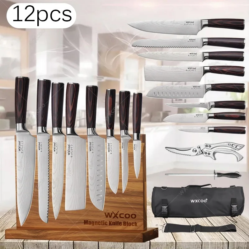 

WXCOO Japanese Chef's Knife 12pcs Kitchen Set Laser Pattern Santoku Knife Kitchen Scissors Double-sided Magnetic Knife Holder