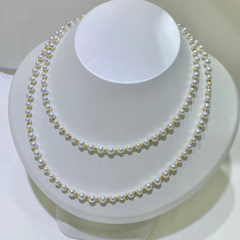 

SGARIT Double-Strand Small Size 925 Sterling Silver Natural Freshwater White Pearl Necklace Round Shape Long Sweater Necklace