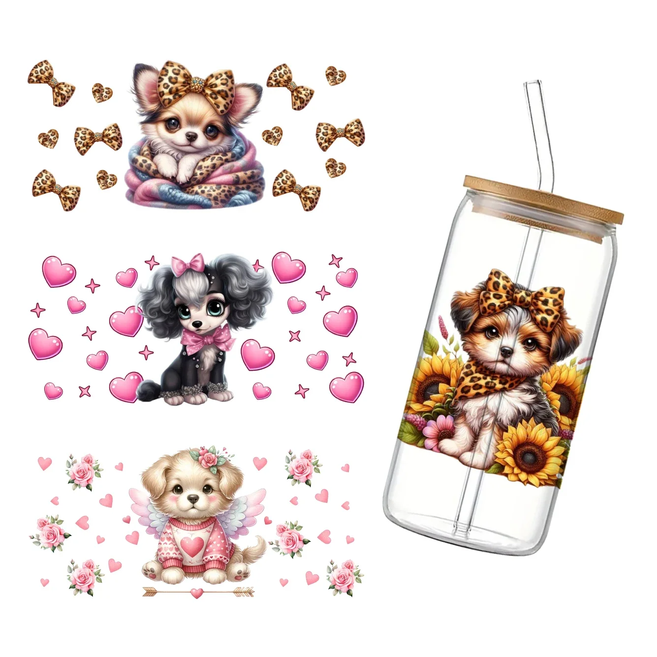 Pets Puppy For Libbey 11x24cm Cute 16oz Can Glass 3D Waterproof UV DTF Coffee Can Wrap Libbey Glass Wrap