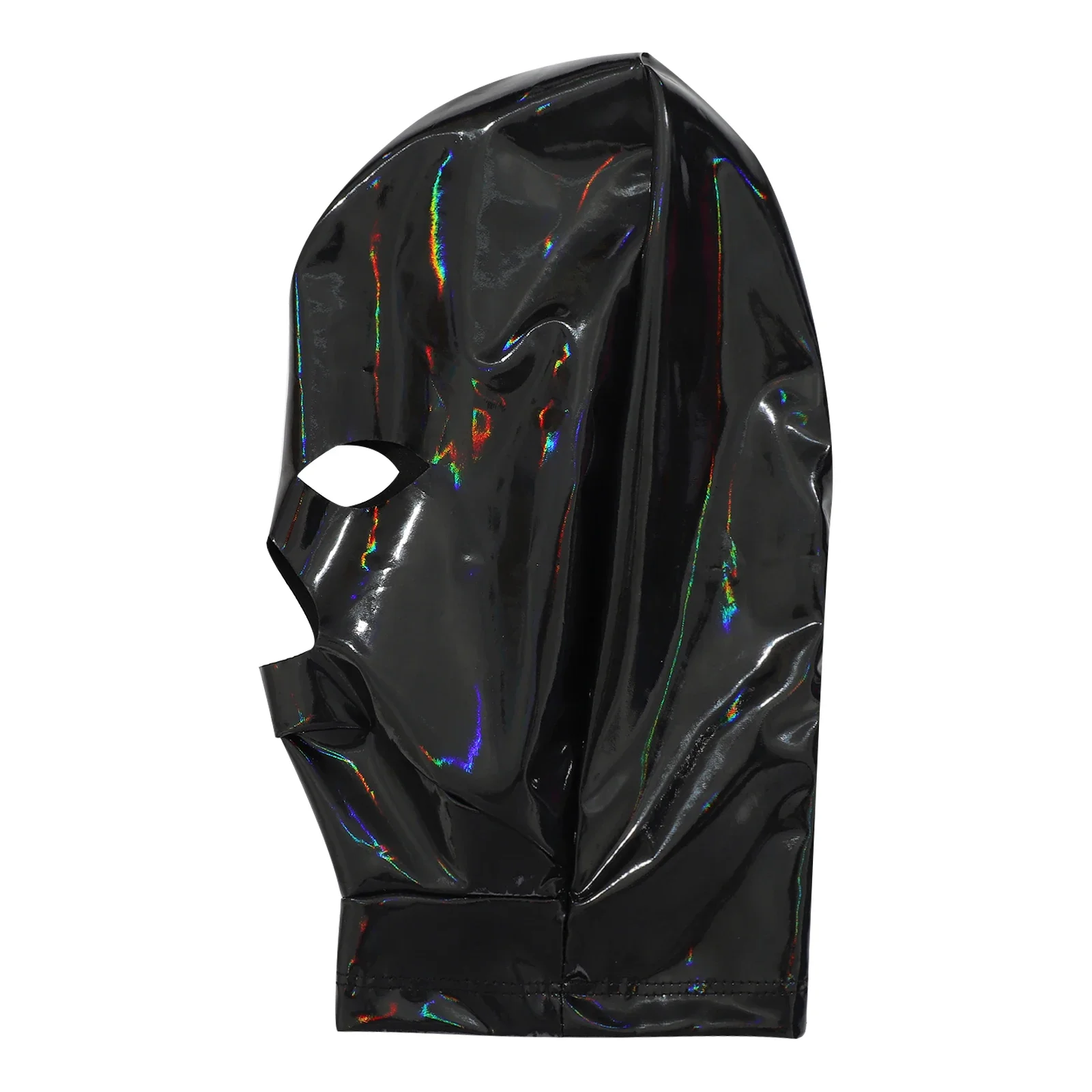 Mascarilla facial de látex para hombre y mujer, tela metálica brillante, boca abierta + cubierta para la cabeza pegada con ojos, disfraz de juego de rol para parejas, máscara facial con capucha