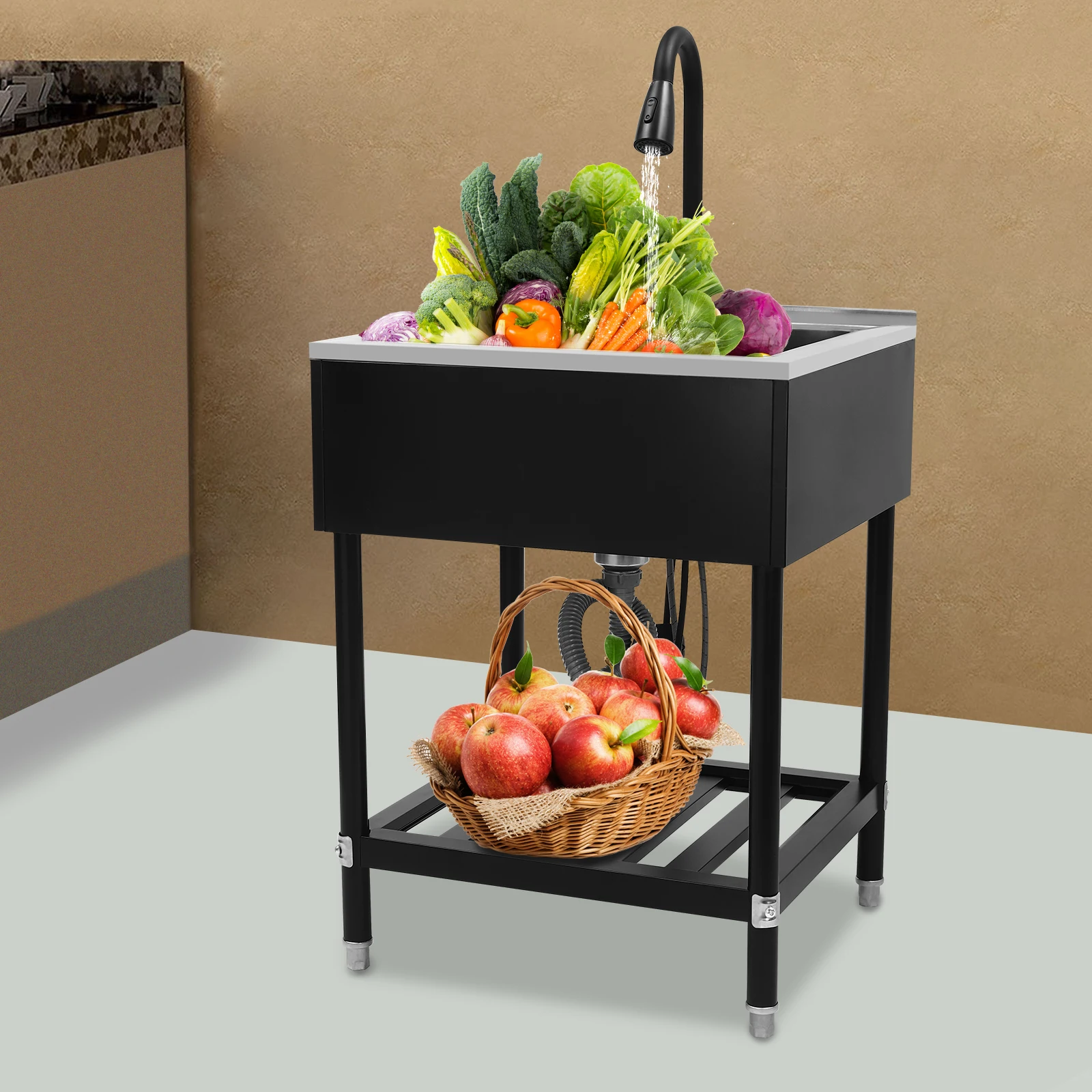 حوض غسيل تجاري حديث مستطيل واحد، حوض غسيل من الفولاذ المقاوم للصدأ مع صنبور وحامل، سعة 6 مم، سعة 100 كجم #3