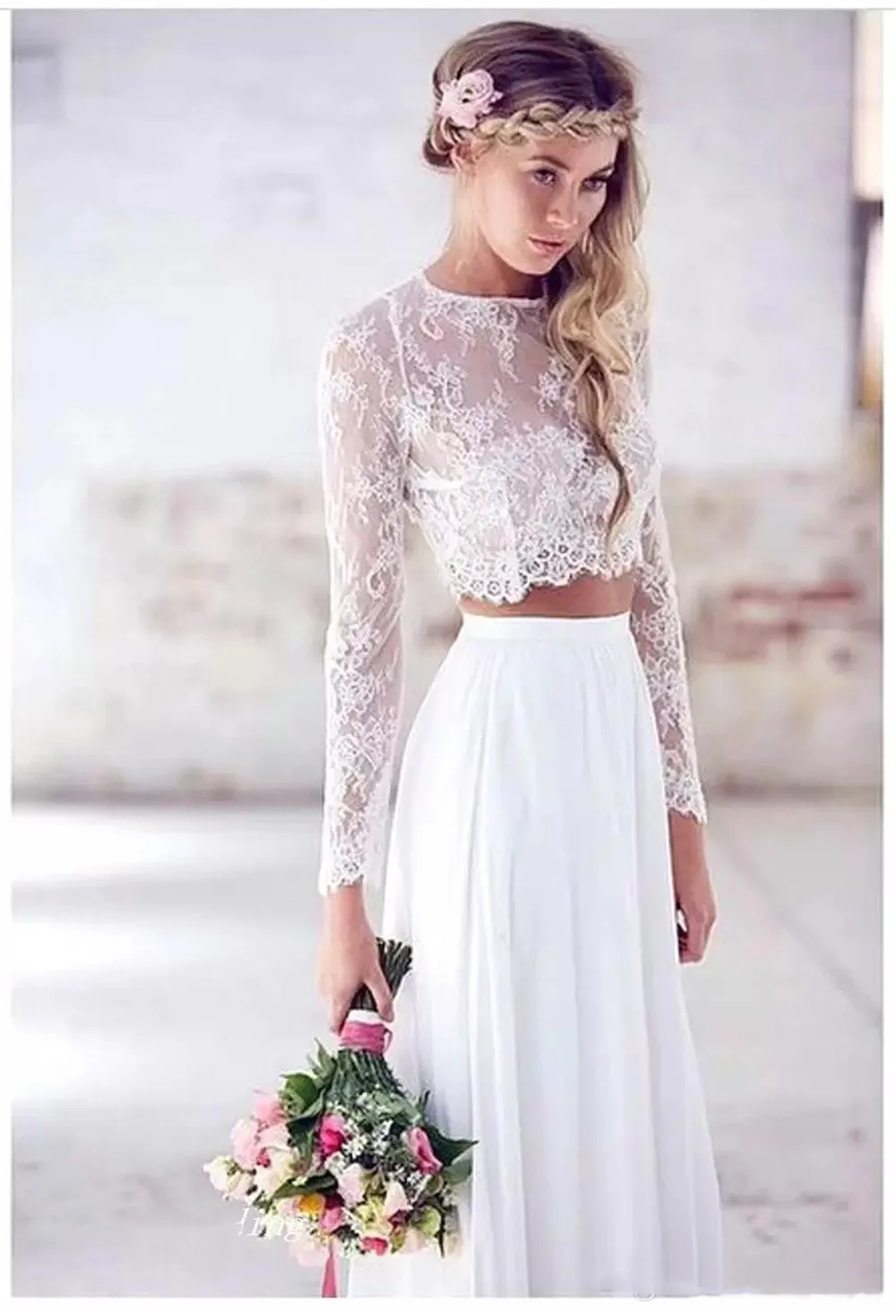 Summer Bohemian Chiffon Beach Wedding Dresses Two Pieces Long Sleeve Lace Bride Wedding Gowns Long Sleeves Vestidos De Noiva