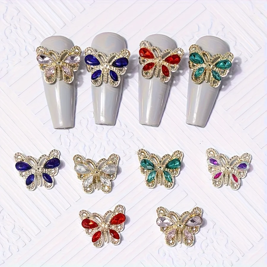 6 Grids Gold Alloy Butterfly Nail Charms Multi Color Rhinestone Hollow 3D Manicure Ornaments Luxury DIY Nail Decor for Salon Home Art