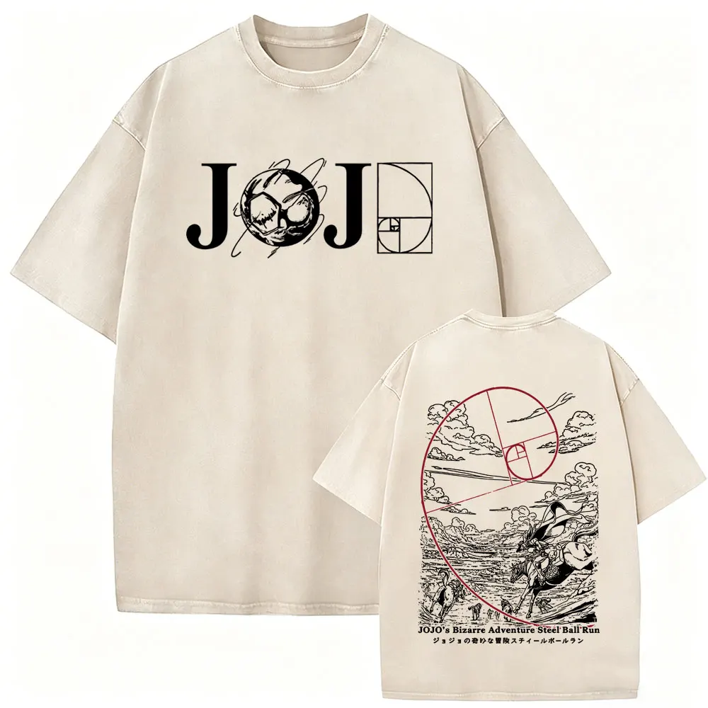Image of Gewaschenes Vintage Anime Jojo Bizarre Adventure Steel Ball Run T-Shirt für Herren, Manga Oversized T-Shirt, Hochwertige Baumwoll-T-Shirts für Männer