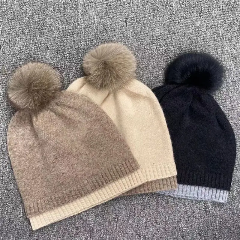 

Detachable Plush Balls Women's Cashmere Hat Contrast Color Autumn Winter All-match Knitted Hat