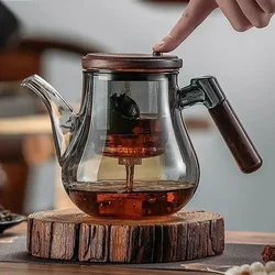 One Click Magnetic Switch Tea Separation Filtration Glass Tea Pot Wood Handle Tea Water Separation Inner Container Teapot