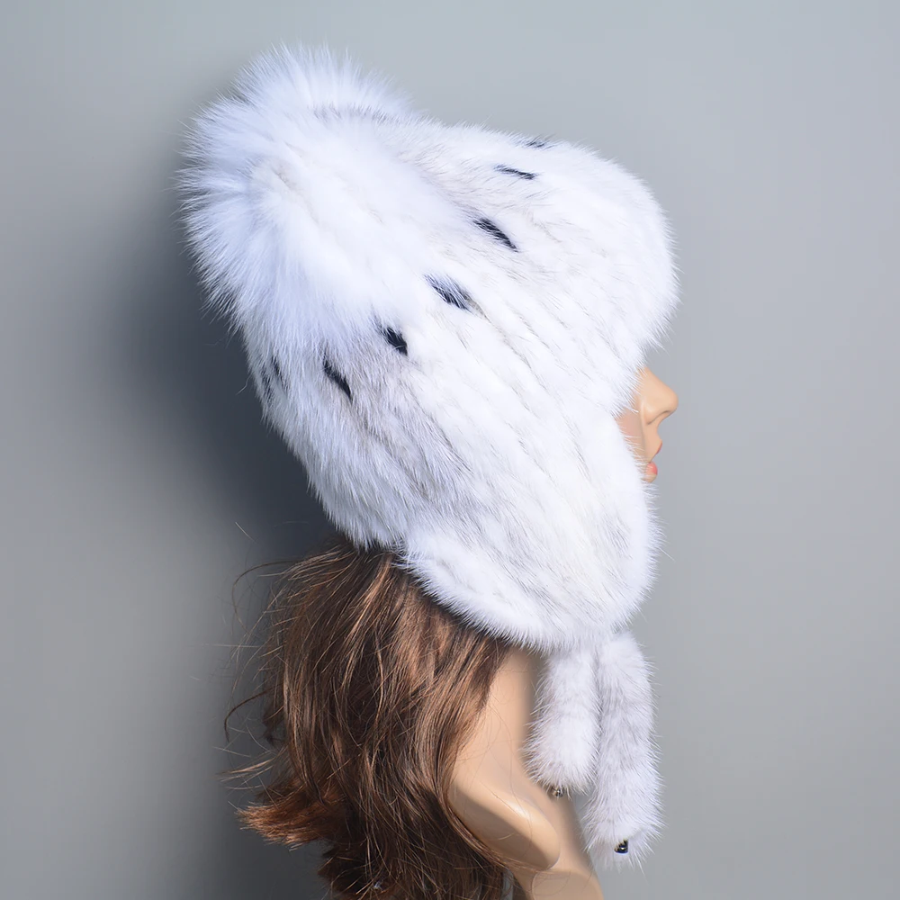 Hats For Women Natural Mink Fur Tails Earflap Winter Bomber Hat Women Real Fur Knitted Beanie Hat