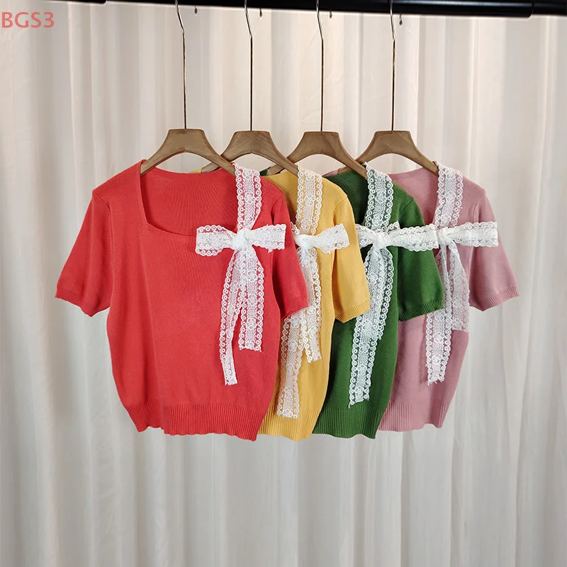 Atasan lengan pendek bergaya baru 2025 untuk cewek manis, warna pink renda dengan detail patchwork dan tali