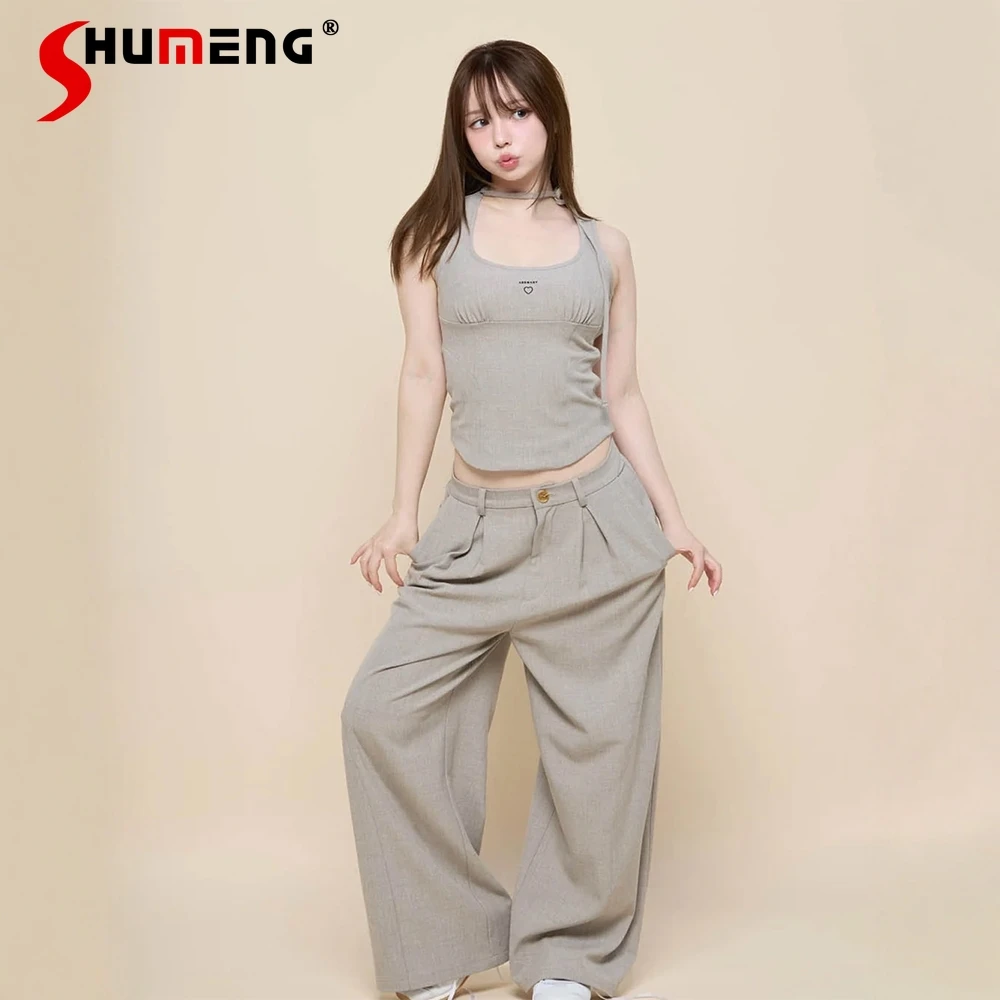 

2025 New Japanese Sweet Heart Letter Embroidery Casual Pants + Vest Two-Piece Set Women's Slimming Elegant Daily Clothes Outfits