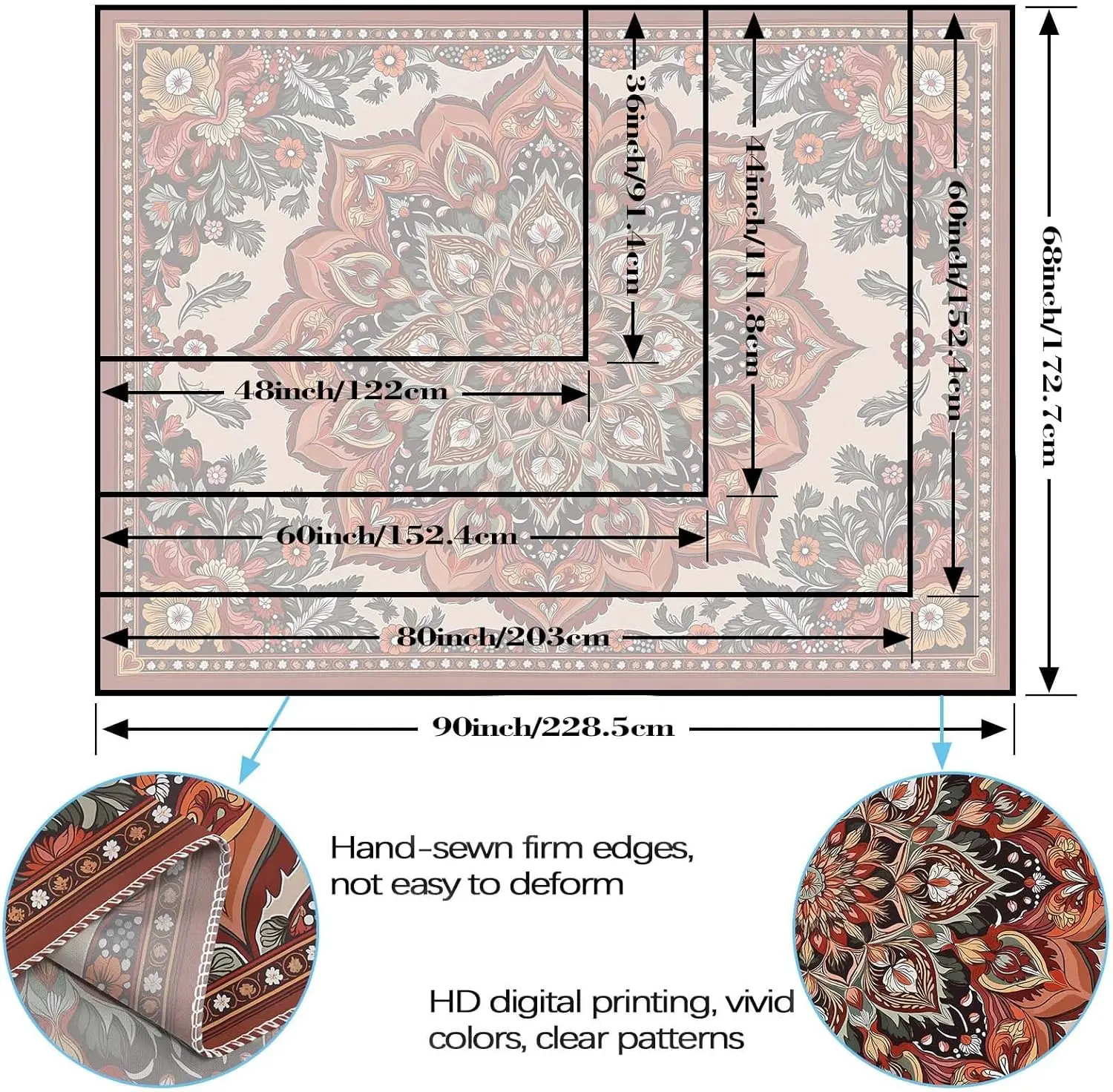 Vintage Mandala Tapestry – Boho Floral Pattern Wall Art, Retro Indian Decor for Bedroom, Living Room 130x150cm51x59in - view 6