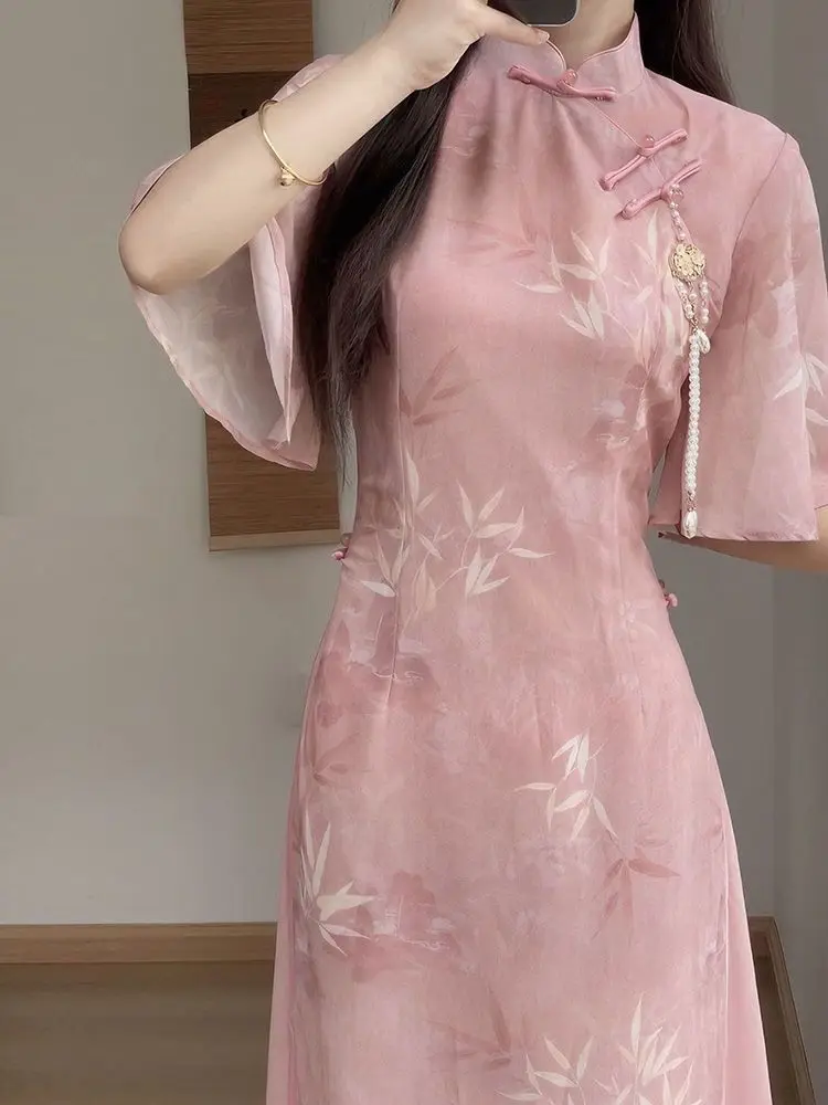 

New Chinese Style Pink Qipao Dress 2024 Vintage Cheongsam Young Oriental Lady Evening Dress Summer Daily Vestido