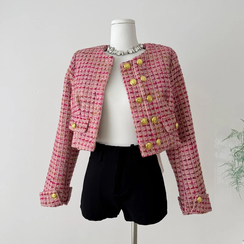 

Tweed Vintage Jacket Women Casual Long Sleeve Korean Coat Retro O Neck Pockets Double Breasted Female Elegant Outwear Top Blazer