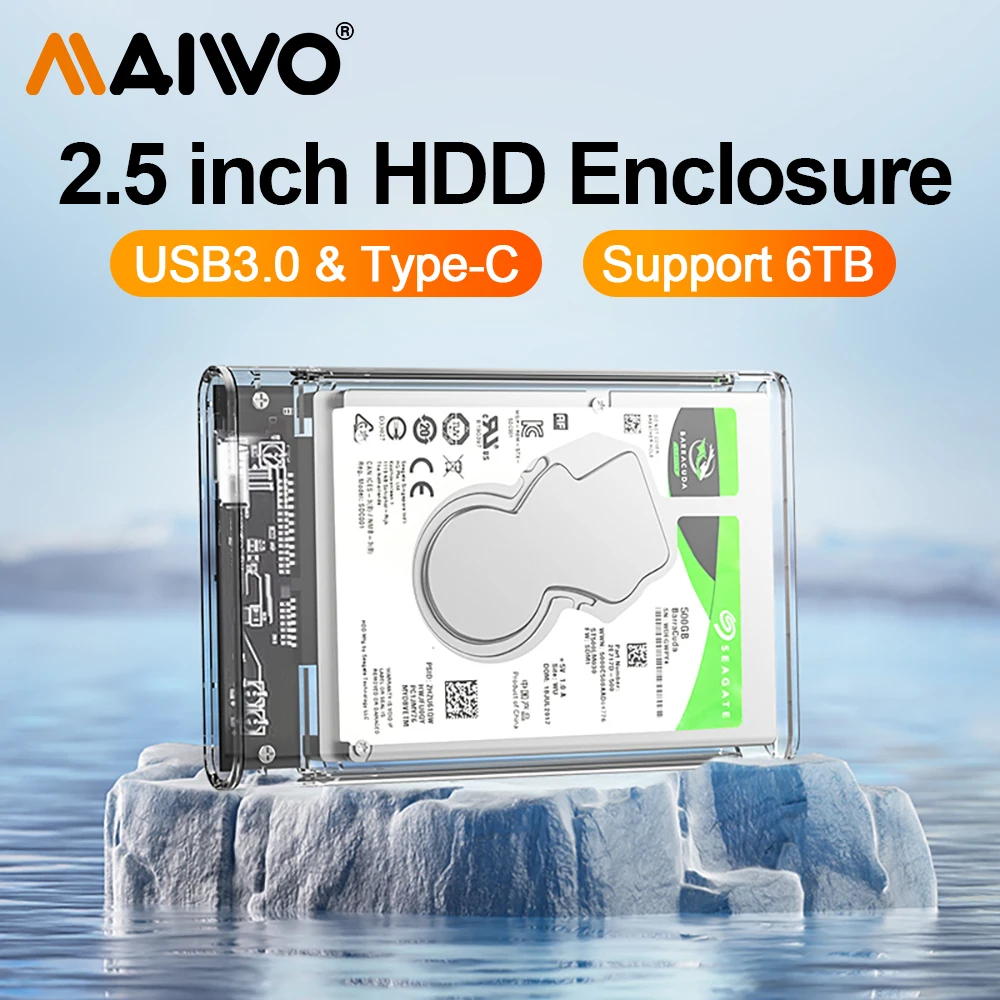 MAIWO Transparent 2.5'' HDD Case SATA to USB 3.0 Hard Drive Box Enclosure External for HDD SSD Disk Case Box USB C 3.1 HDD Case