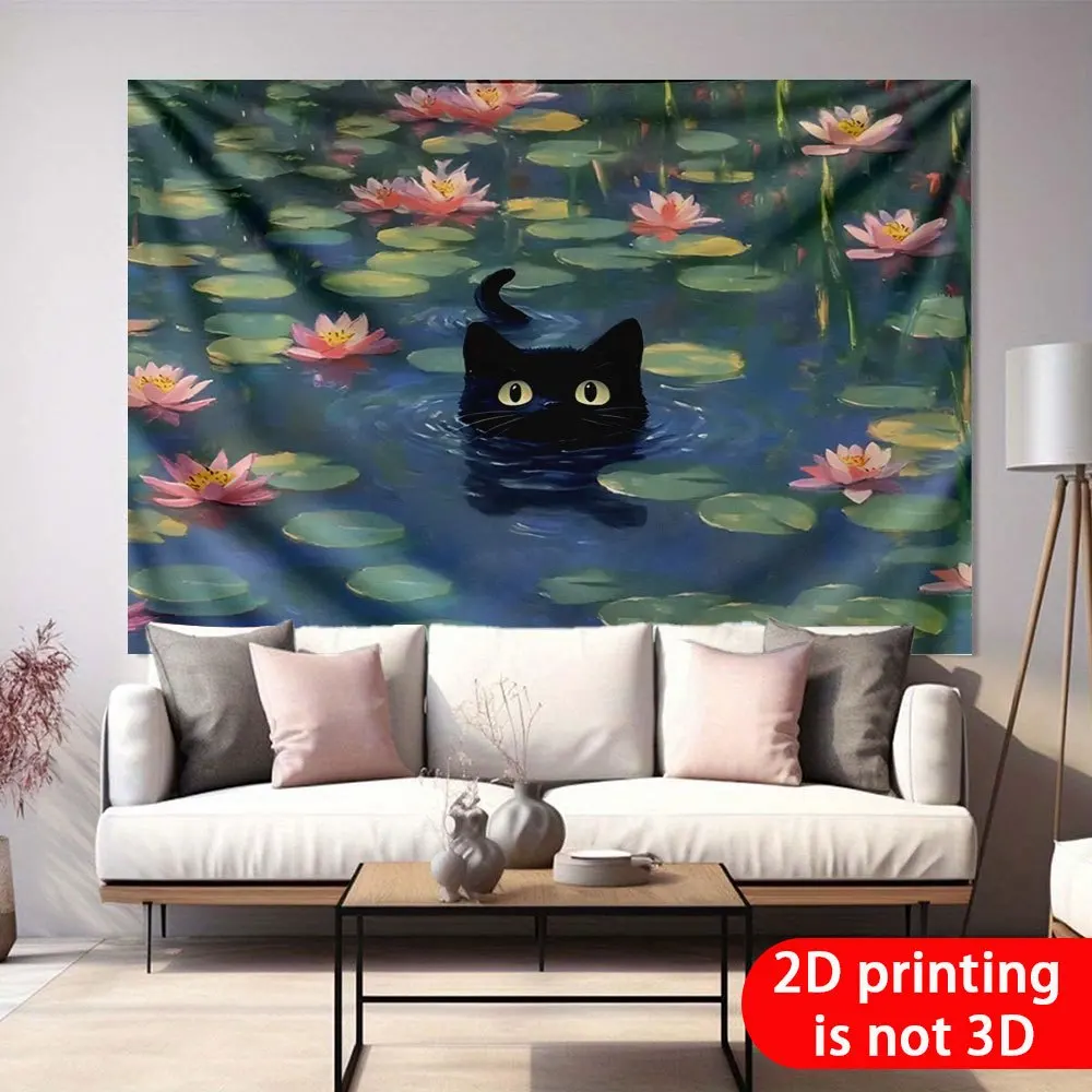 2D Flat 1pc  Printing Black Cat In Lily Pond Tapestry - Water Lily Pond With Floating Leaves And Pink Flowers Cute Kitten Swimmi
