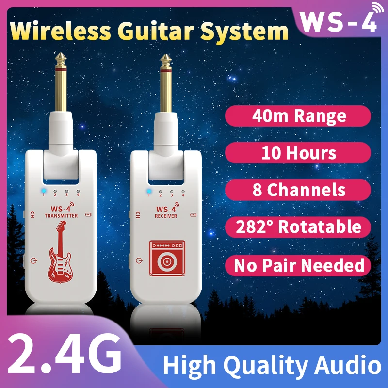 2.4G Wireless Guitar System WS-4 Guitar Transmitter Receiver 2 in 1 Plug 8 Channel Switching Guitar 12ms Delay Guitar Accessorie