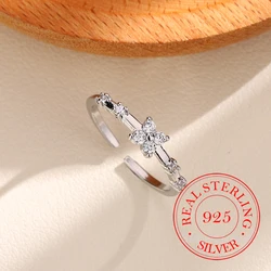 Luxury 925 Sterling Silver Zircon Four-leaf Clover Adjustable Finger Rings For Women Money 925 Wedding Party Jewelry Gift