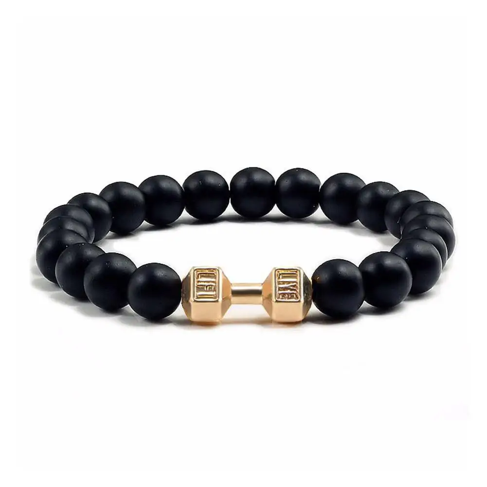 19mm Natural Black Volcanic Lava Stone Dumbbell Bracelet Black Matte Beads Bracelets For Women Men Fitness Barbell Jewelry T9o0