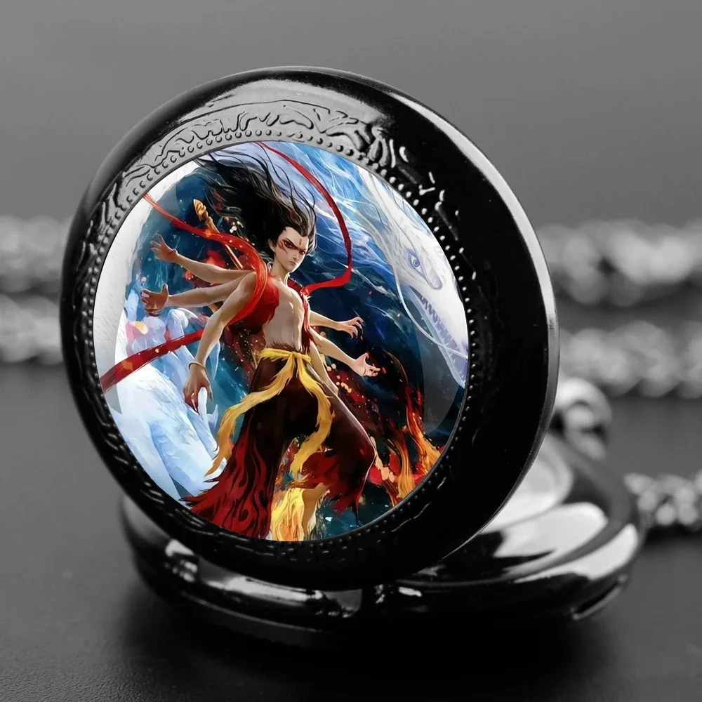 Nezha 2 Hot New Movie Anime Glass Dome Pocket Watch with Chain Necklace Vintage Quartz Pendant Watches Mens Women Gift