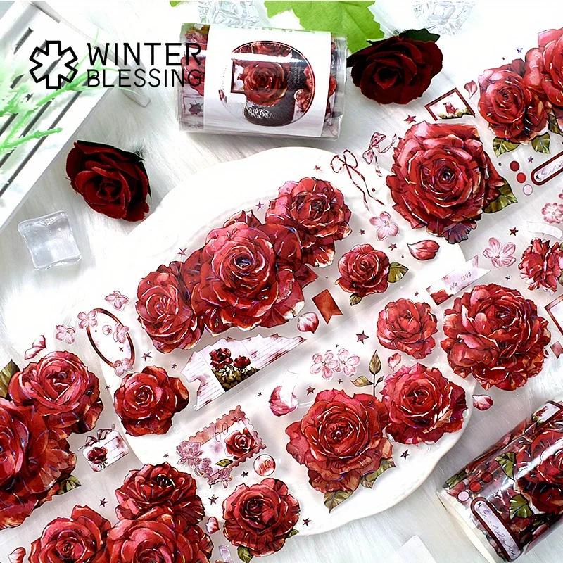 2m Laser PET Washi Tape Red Rose Transparent Roll Sticker Decorative Adhesive Tape For Scrapbooking Journal Aesthetic Stationery