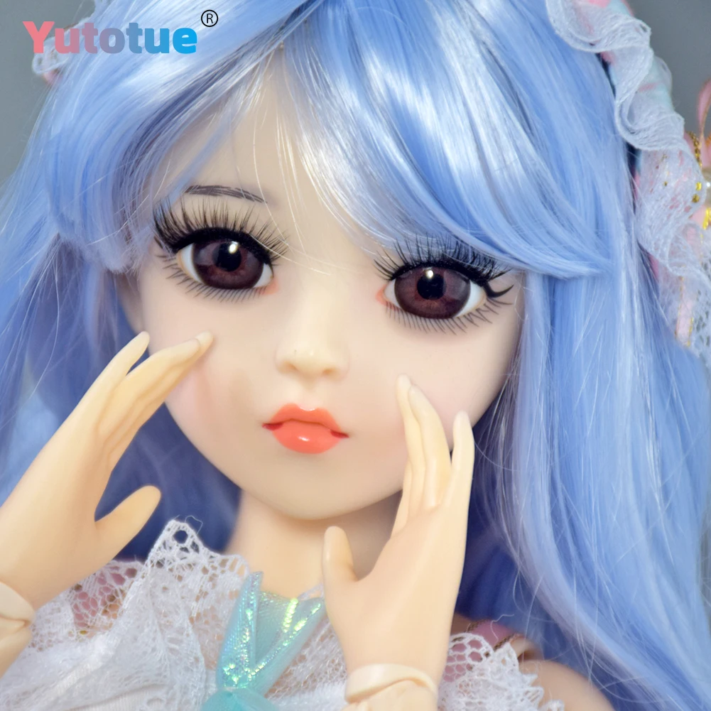 YUTOTUE 60cm Girl Doll Large BJD Toy 18 Joints Body with Dress Shoes Long Blue Curly Hair Wigs