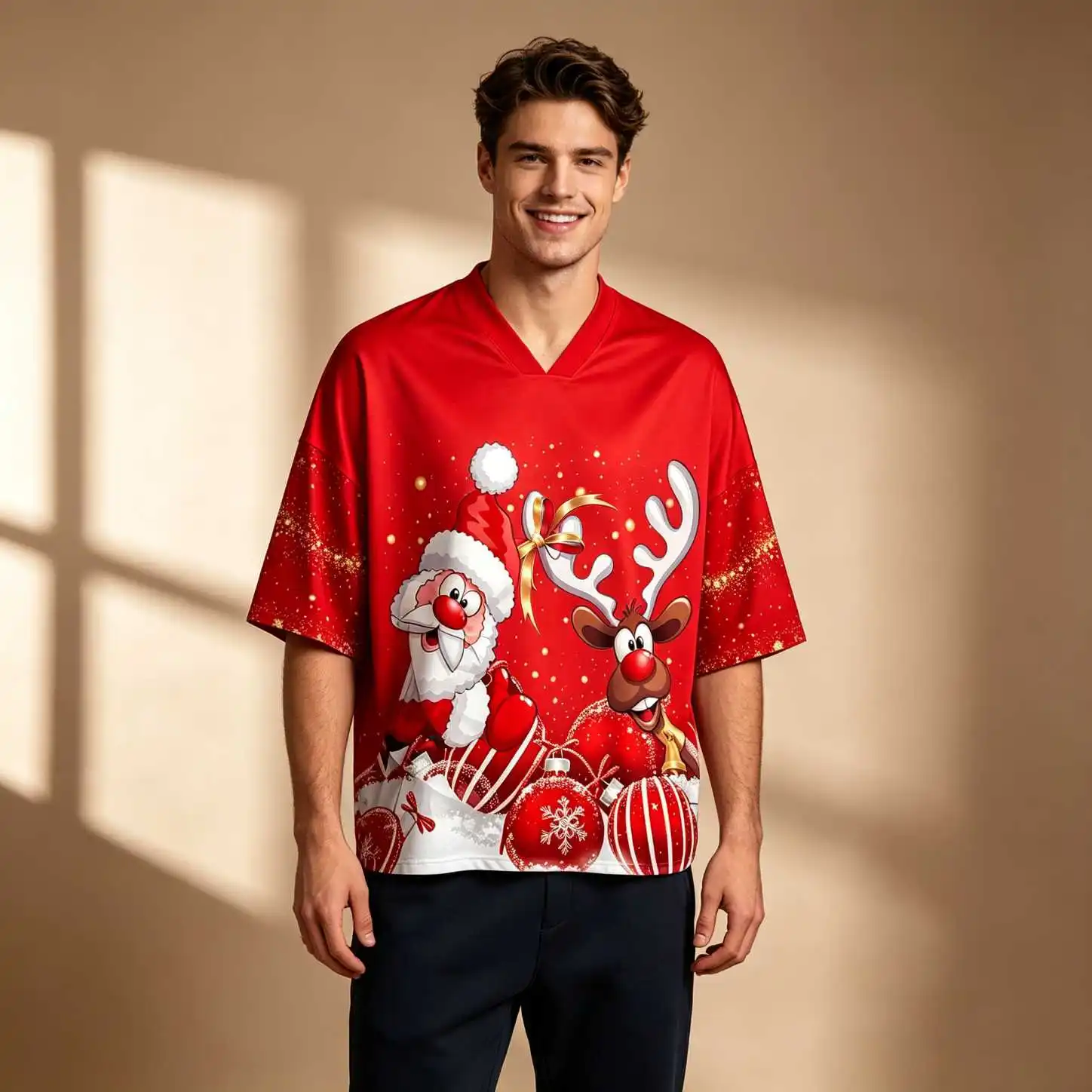 Christmas Winter Men Funny Cartoon Santa Reindeer Snowflake Print Oversized V Neck Elbow Sleeve Tee, Loose Fit