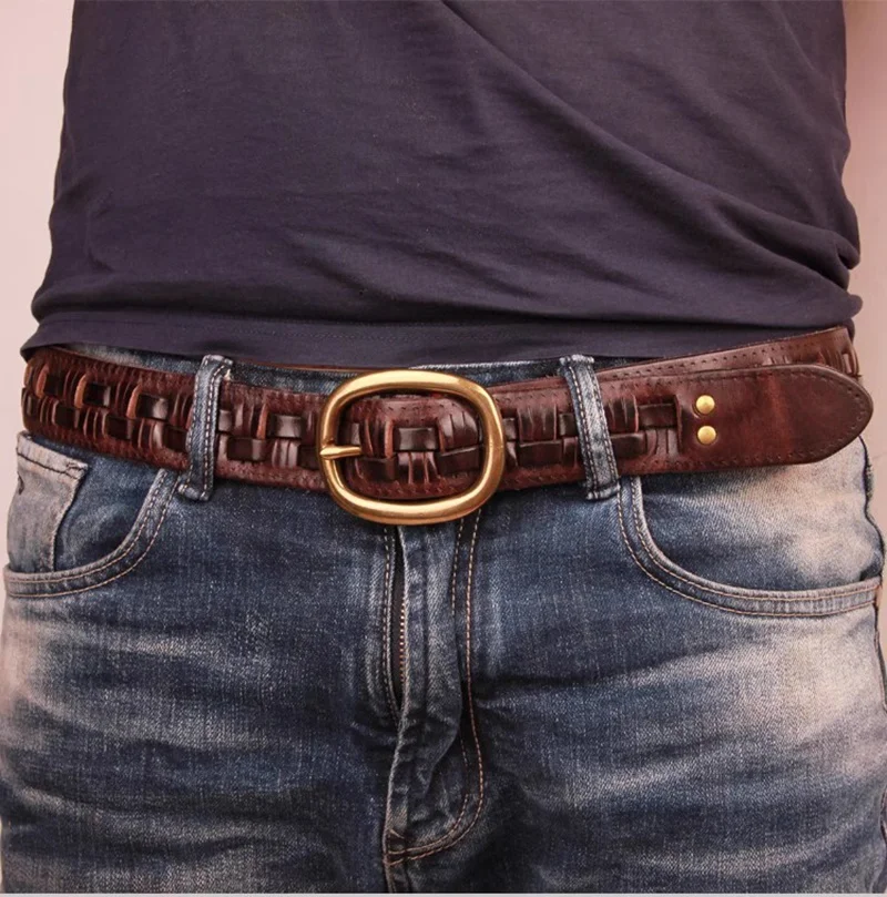 3.8CM Designer Belt Man Fashion Mens Belts Luxury Brass Buckle Genuine Leather Braided Real Cowhide Straps Men Jeans Girdle Male