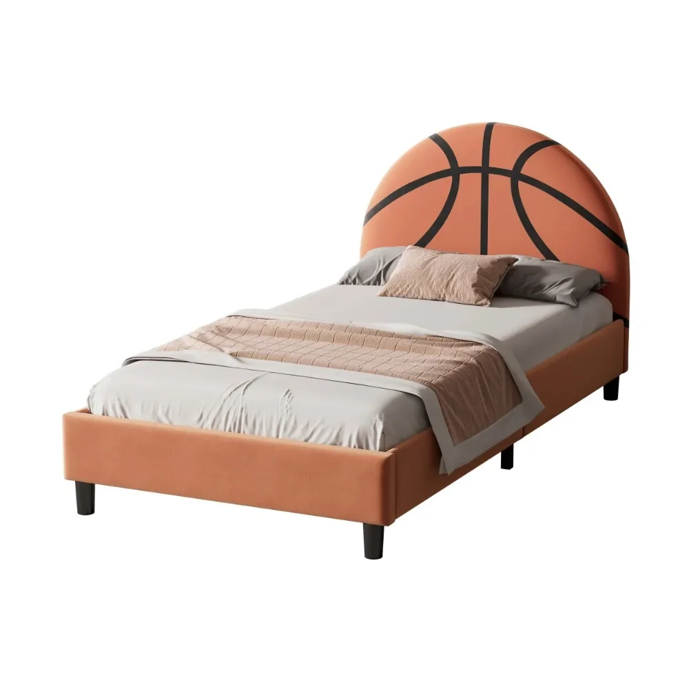 

Modern Basketball Design Upholstered Twin Platform Bed Sport Style Bed for Boys & Girls, Teens, Orange, Children Beds