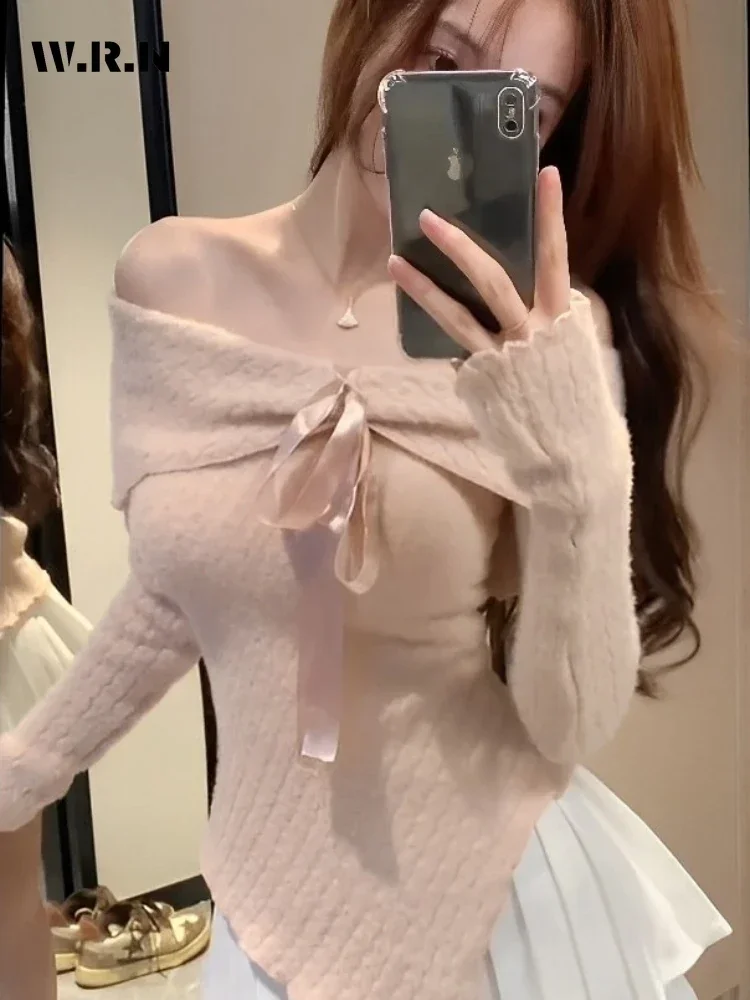 Women Coquette Solid Sheath Lace-up Sexy Sweater 2024 Autumn Hotsweet Casual Slash Neck Knitting Long Sleeve Gyaru Pullovers