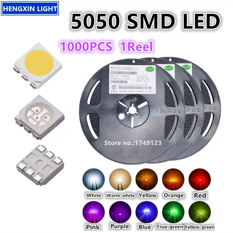 Super Bright 5050 SMD LED, Single Color, Red, Orange, Yellow, Blue, Pink, White, W(Warm)-white, Light Emitting Diode
