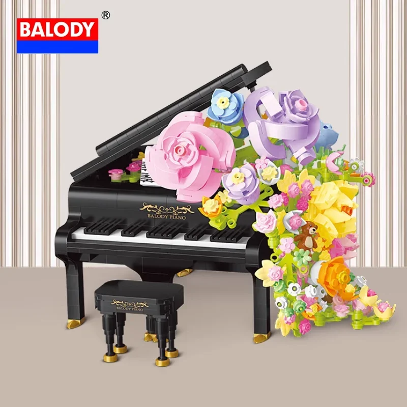 BALODY Luxury Creativity New Piano Violin Series Puzzle Building Block Model High Reduction Floral Decor Girls Birthday Gift