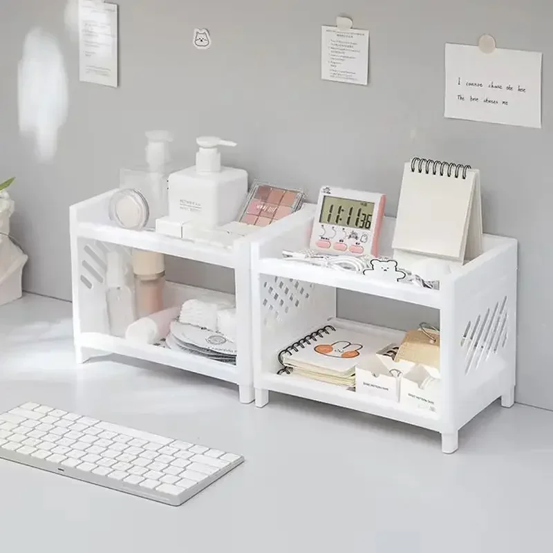 1pc pp desktop dupla camada rack de armazenamento retangular branco organizando mesa estudante escritório cosméticos papelaria