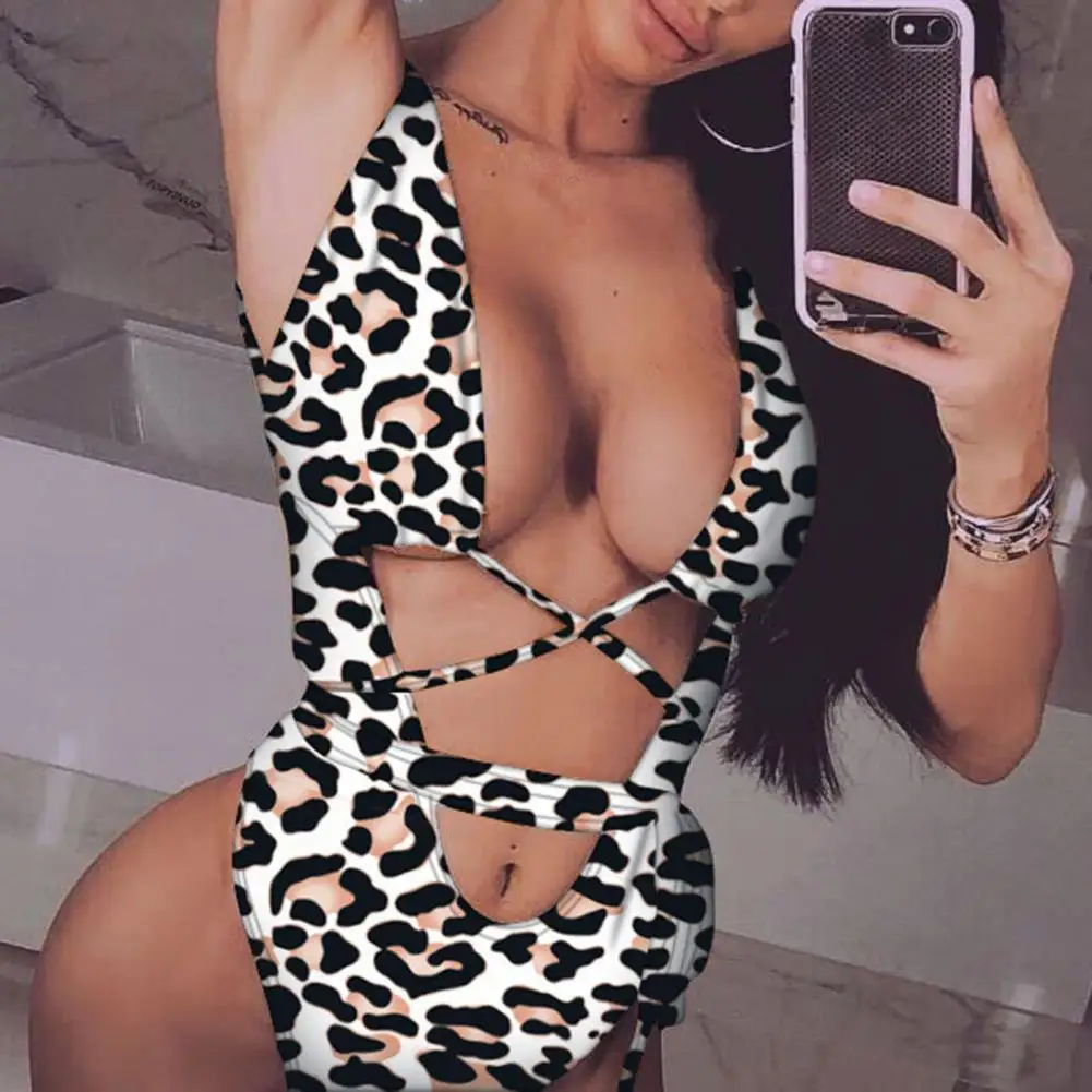 Sexy Swimwear Women Bandage Padded One Piece Swimsuit Monokini Leopard Women Deep V-neck Backless Biquini Traje De Bano Mujer