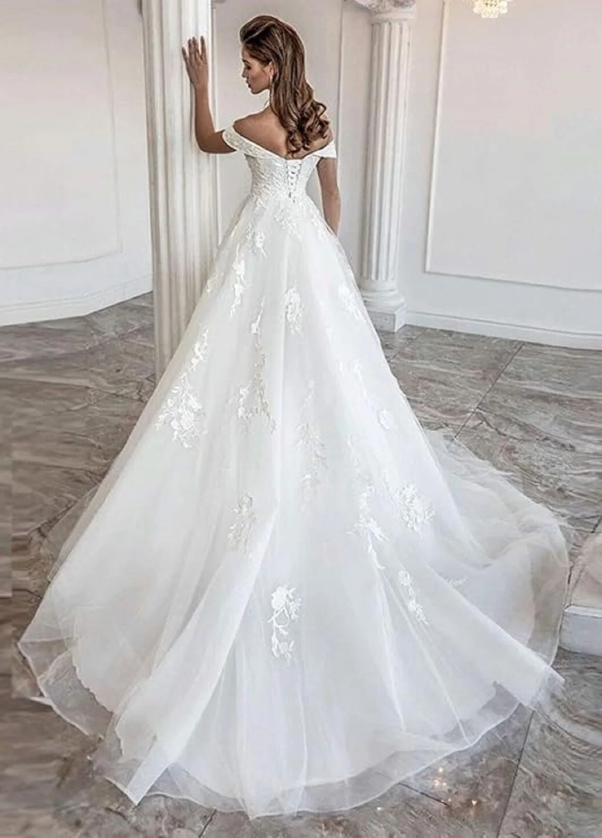 YNQNFS 레이스 신부 웨딩드레스, 어깨끈이 있는 흰색 드레스, 뒷면 스트랩 스타일, 교회용 테일 HS777