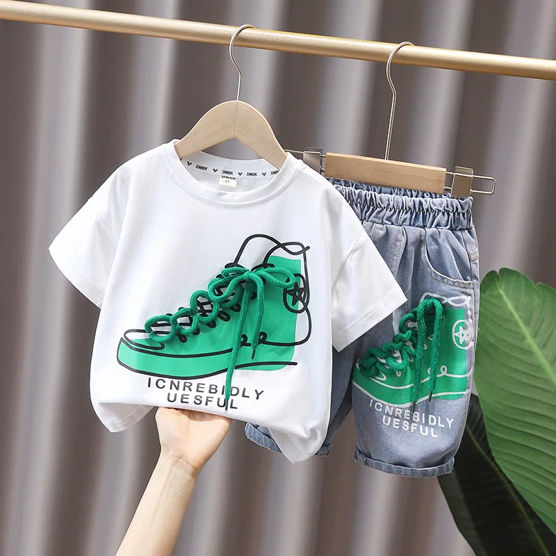 Summer Casual Baby and Boys Cotton 3D Shoe Lace t-Shirt Top+Denim Shorts Pant Set School Kids Tracksuit Child 2PCS Outfit 1-12Yr