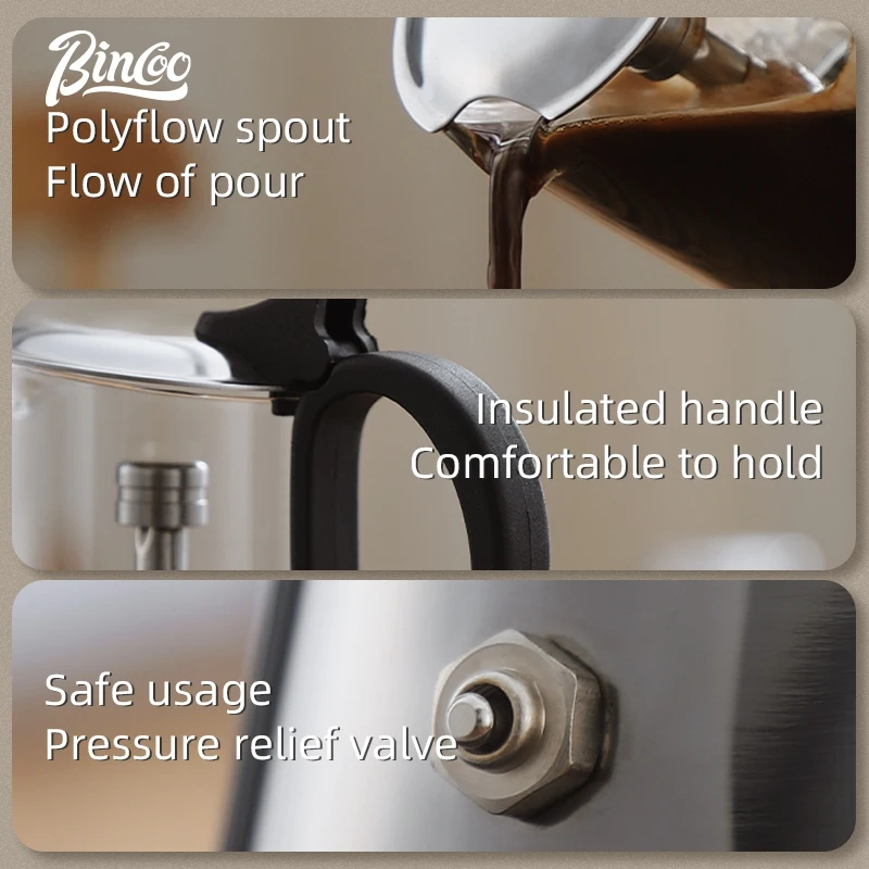 BINCOO Dual-valve Moka Pot Stainless Steel Brewing Coffee Pot Espresso Home Small Coffee Maker with Electric Stove Coffee Utensi view 4