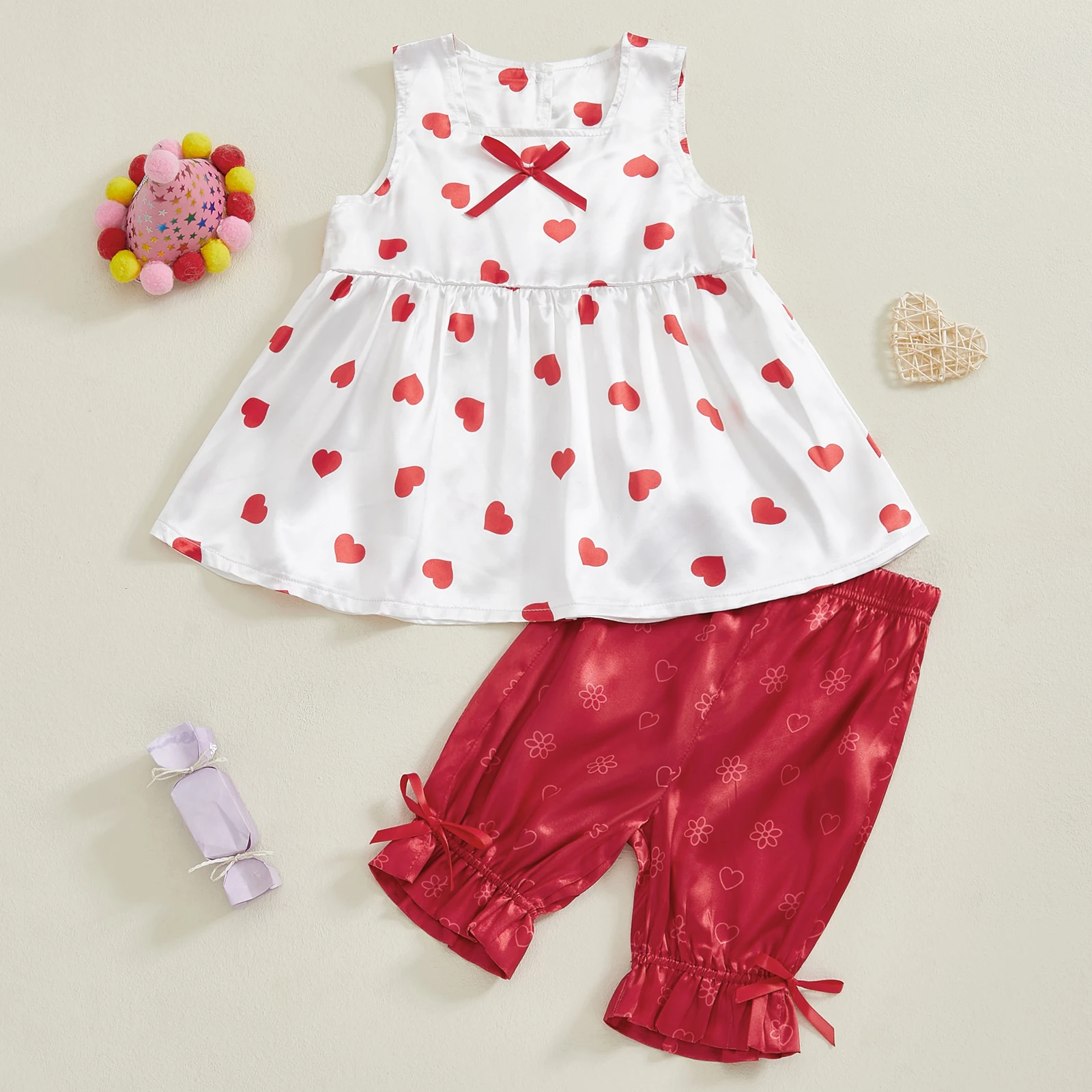 3-7Y Little Girl Outfit Hear Print Square Neck Sleeveless Tank Dress Bow Ruffle Pants Cute Summer Girls Lovely Clothes Set