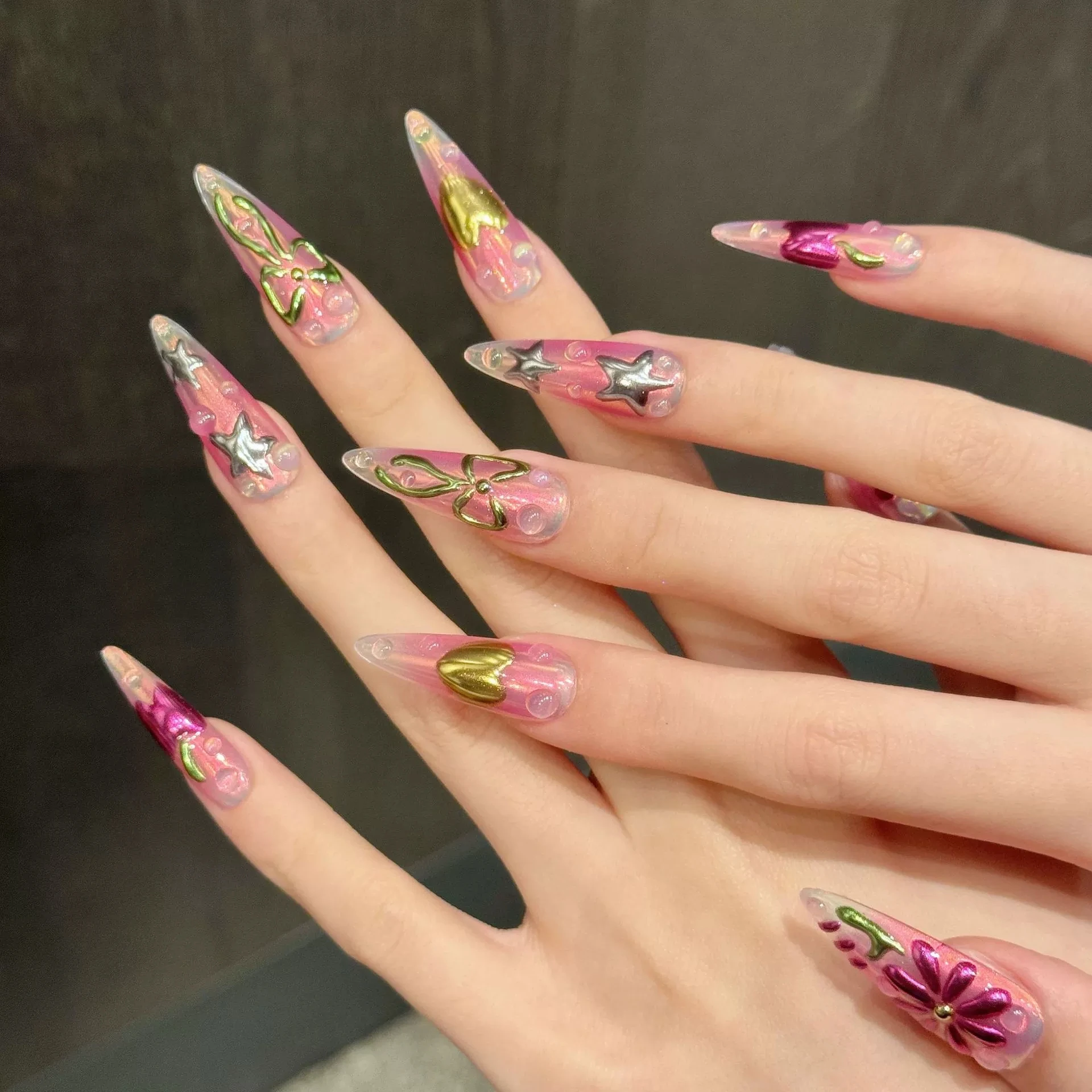 

10PCS Press On Nails Spicy Girl Magic Mirror Powder Almond Handmade False Nails 3D Flower Stars Decor Long Fake Nails Wearable