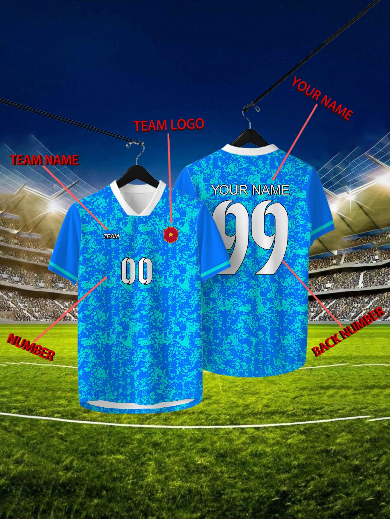 

Customized Geometric Blue Short Sleeved Shirt with Team Name, Emblem, Name and Number, Outdoor Sports Short Sleeved T-shirt