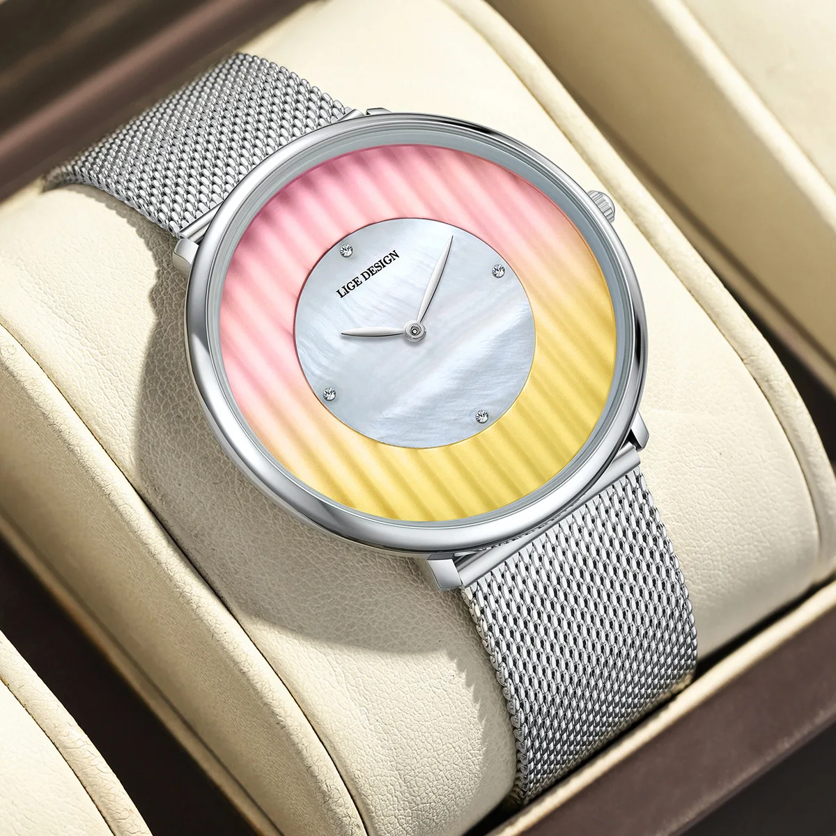 

AL-157 Женские часы с большим циферблатом, простой и свежий стиль, ультратонкий сетчатый ремешок, водонепроницаемые кварцевые женские наручные часы.