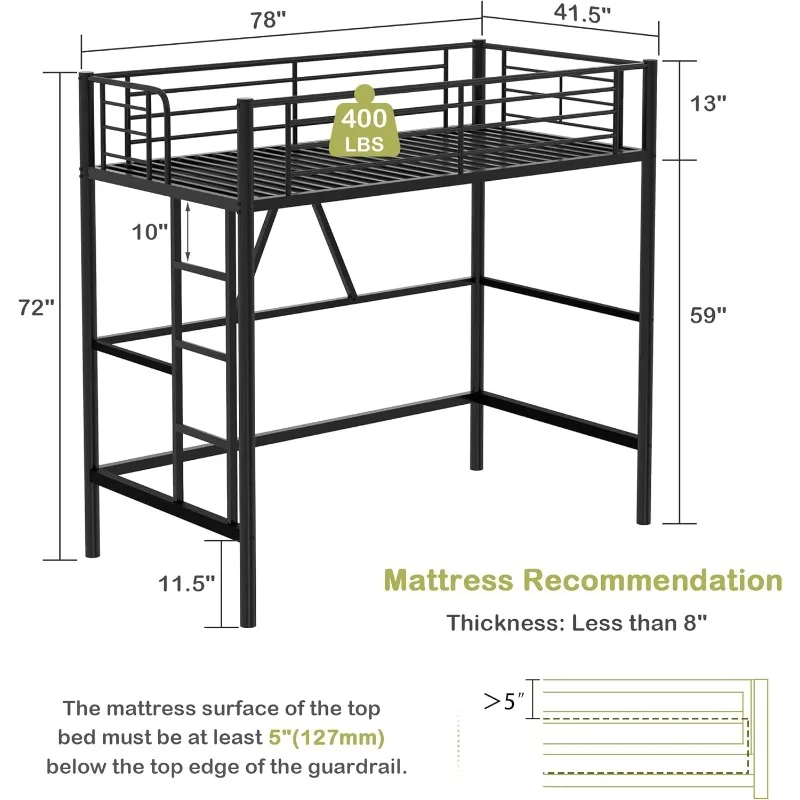 

Loft Bed Twin Size, Metal Bedframe with Removable Ladder and Safety Guardrail, No Box Spring Needed, Space Saving