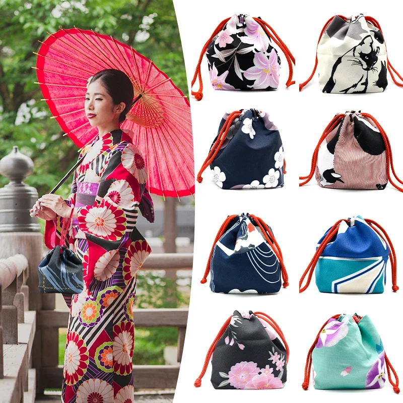 1pcs Kawaii Japanese Kimono Coin Purse Flower Printed Drawstring Tote Bag Pocket Women Yukata Accessories Wedding Party Handbag