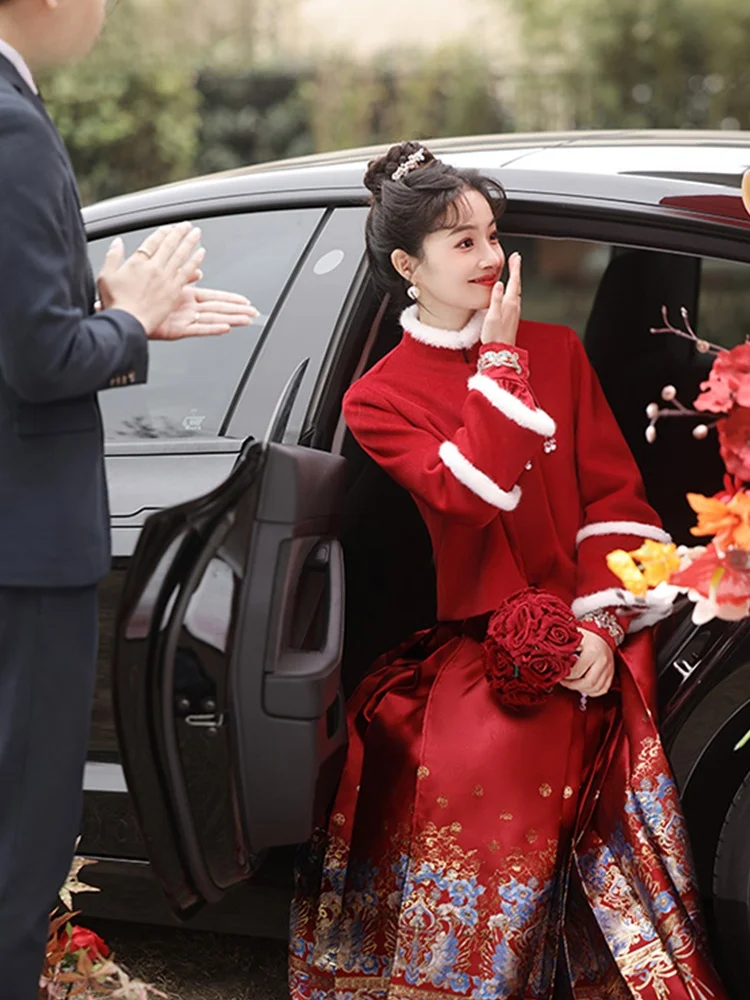 

Красное свадебное платье-кимоно 2025 года: новое, китайское, для помолвки, с длинными рукавами, А-силуэт, модное, для церемонии