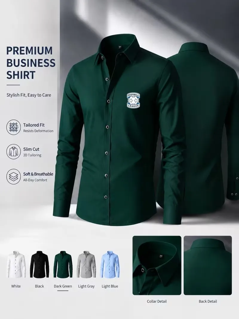 Men's Slim Fit Business Casual Long Sleeve Shirt Football League Print Collar Open Cardigan for Middle-aged And Young Adults