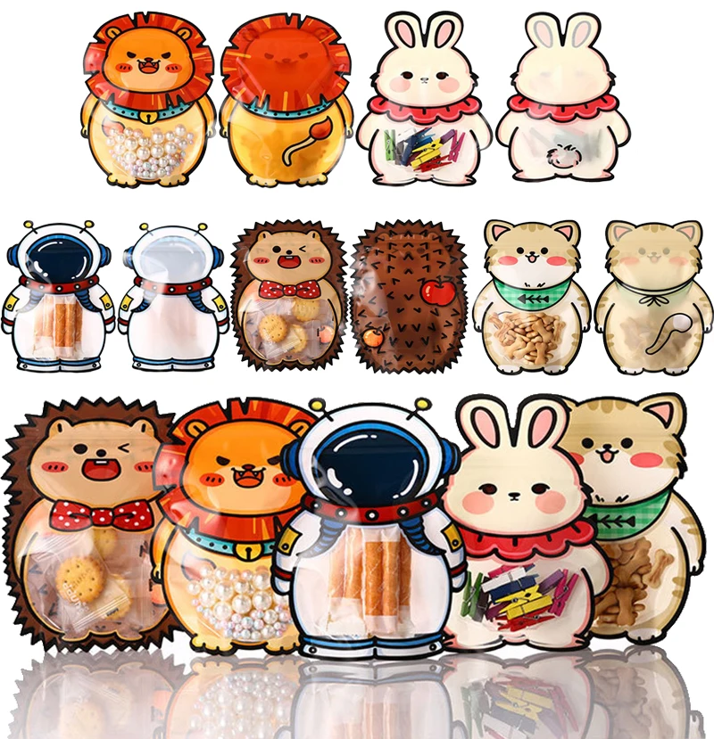 5/10/20/30Packs Cartoon Animal Goodie Candy Bags Plastic Rabbit Lion Cat Hedgehog Astronaut Kids Birthday Party DIY Decorations