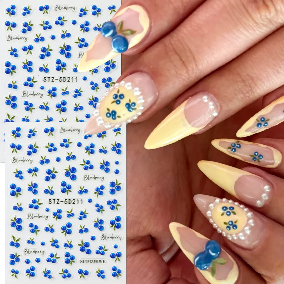 2pcs Jelly Blueberry Nail Art Stickers 5D Embossed Summer Fruit Fresh Nail Cute Berry Nail Decal Sweet Girl Holiday Nail Decor