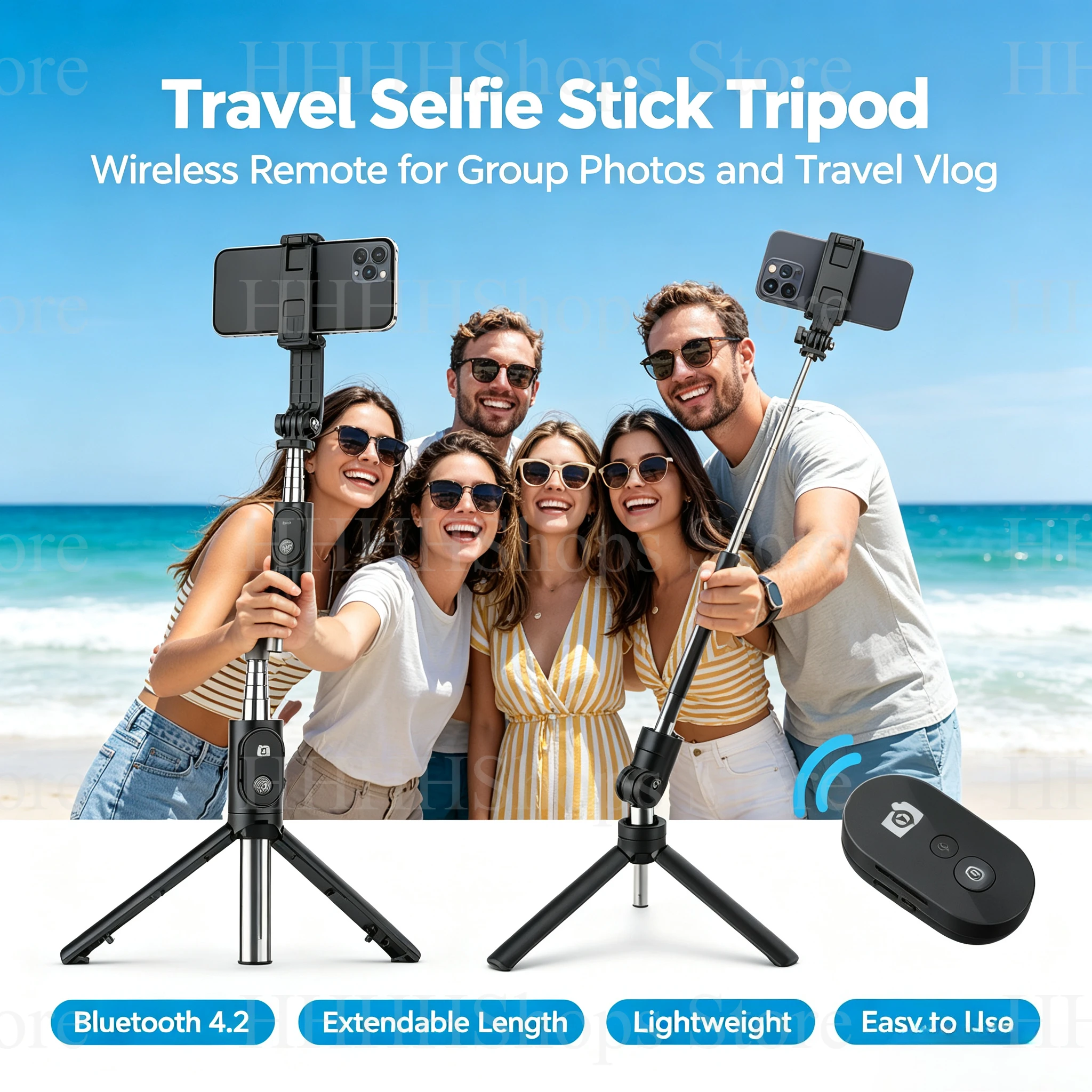 Asta per selfie pieghevole, wireless, con tecnologia Bluetooth, mini treppiede per smartphone con telecomando rimovibile, ideale per viaggi, vlog e riprese video.