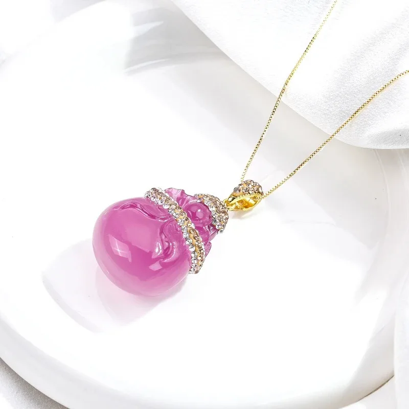 Women Chinese Style Color Changing Lucky Money Bag Pendant Necklace Rhinestone Inlaid Dainty Gold Tone Chain Elegant Choker Gift