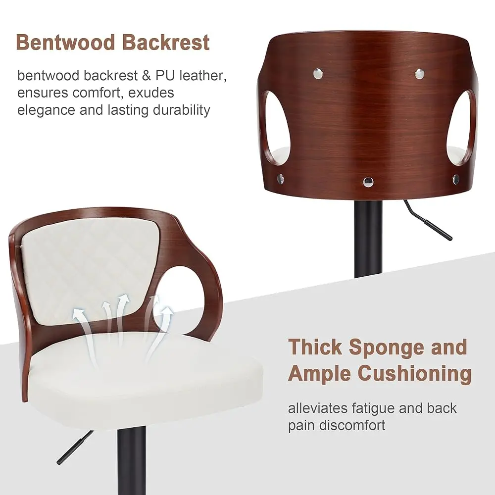 Barstools Set Of 2,Counter Height Stools With Bentwood Back&Arm, Swivel Barstools,Pu Leather Kitchen Island Stools, Adjustable