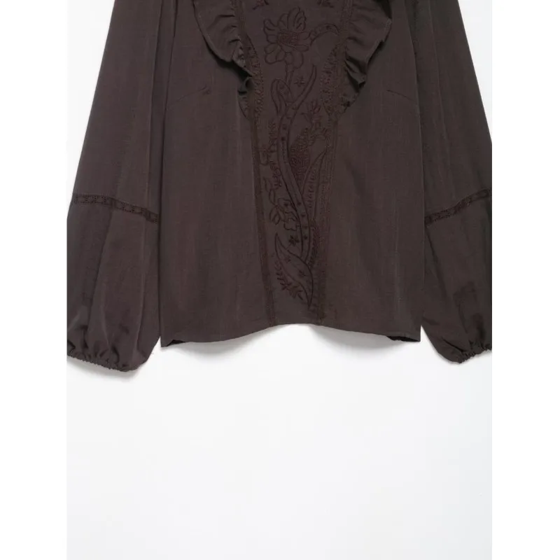 HipSeam 女性花柄刺繍シャツティアード秋 O ネック長袖女性のシャツ & ブラウスカジュアル女性トップス